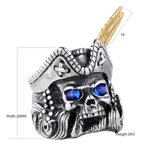 Vintage Stainless Steel Pirate Skull Ring For Men Gothic Punk Distressed Jewelry With Gold Feather And Blue Rhinestone Eyes