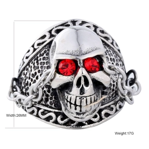Gothic Punk Skull Ring Stainless Steel Vintage Distressed Red Rhinestone Eye Skeleton Chain Finger Ring For Men Women