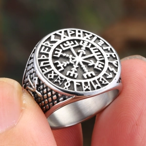 Vintage silver Viking Vegvisir compass ring with Norse runes for men in stainless steel