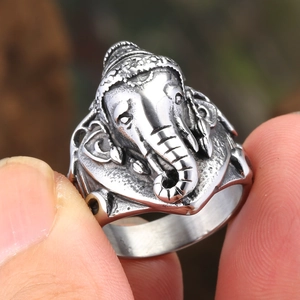 Retro Thai Ganesha elephant head ring in antique silver finish for men