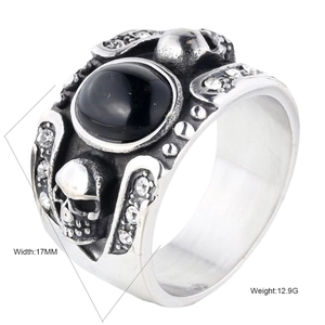 Vintage Gothic Skull Stainless Steel Ring For Men Punk Rhinestone Black Stone Finger Ring Retro Biker Jewelry Gift