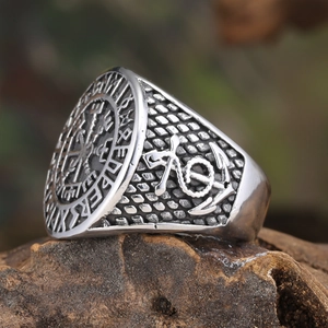 Men's Viking Vegvisir ring in silver steel with anchor and rune engravings