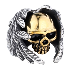 Punk style stainless steel ring featuring a golden skull and silver feather wings design