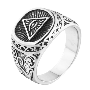 Retro stainless steel Freemason Eye of Providence signet ring with vintage silver finish