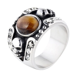 Gothic silver steel ring with oval tiger eye stone and detailed skull relief carving