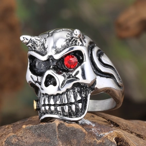 Gothic skull ring for men in titanium steel with red zircon eye and vintage punk style