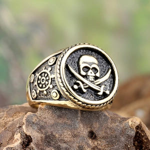 Vintage stainless steel pirate skull ring with helm detail and antique bronze finish