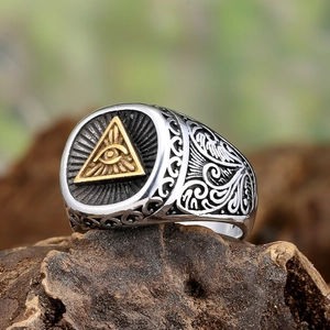 Retro Masonic All-Seeing Eye ring for men in two-tone stainless steel finish