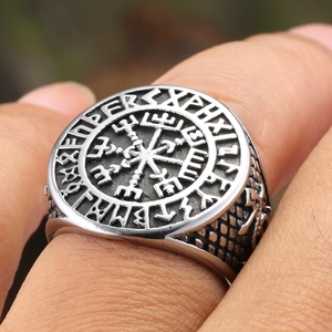 Vintage Viking Vegvisir compass ring with Norse runes on polished stainless steel band