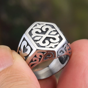 Men's vintage gothic stainless steel ring with hexagonal flat top and ornate engravings