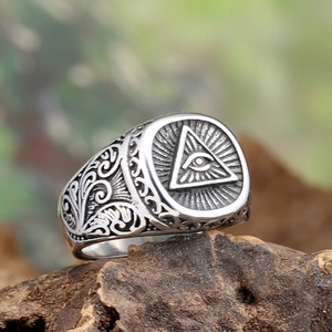 Vintage stainless steel signet ring for men featuring the Eye of Providence design