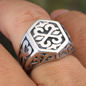 Vintage punk gothic signet ring in stainless steel with tribal totem engraving for men