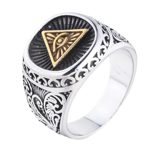 Vintage stainless steel compass ring with golden eye of providence and ornate carving