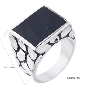 Vintage Stainless Steel Signet Ring For Men Black Obsidian Square Face Pebble Texture Band Retro Simple Fashion Finger Ring
