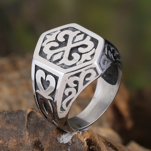 Vintage Gothic stainless steel hexagonal ring with cross flower and scroll relief