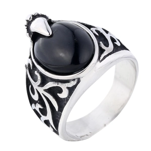 Retro men's titanium steel ring with large oval black gemstone and intricate carvings