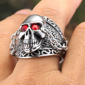 Vintage stainless steel skull ring with red zircon eyes and intricate punk carvings