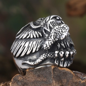 Vintage gothic ram skull stainless steel ring with intricate feather carvings for men