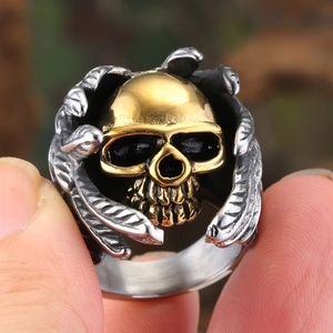 Gothic punk skull ring with silver wing wings in durable polished stainless steel