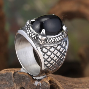 Punk vintage dragon claw ring with black onyx stone in brushed stainless steel finish