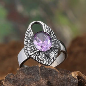 Bague rétro pour homme en acier inoxydable avec pierre violette ovale et ailes gravées