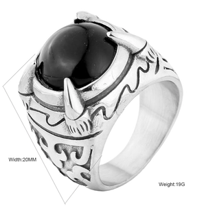 Vintage punk dragon claw ring with black oval stone in silver finished stainless steel