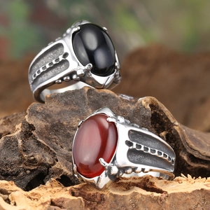 Vintage Punk Stainless Steel Men Ring Large Oval Agate Stone Gothic Industrial Band Retro Distressed Jewelry Gift For Men