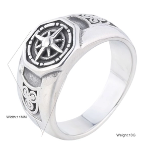 Bague Chevalière Octogonale Boussole Étoile en Acier Inoxydable Vintage Hommes Femmes Cyberpunk Punk Nautique Bijoux Mode