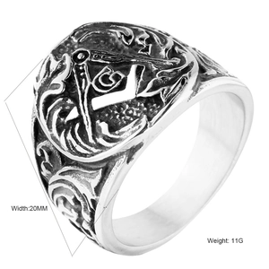 Vintage stainless steel Freemason ring with G symbol compass and square design