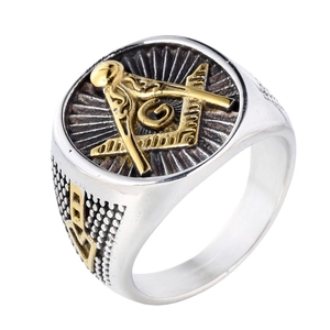 Bague franc-maçonnerie en acier inoxydable avec symbole G doré et compas équerre