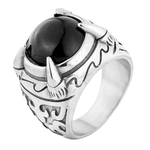 Vintage punk dragon claw ring in silver steel with a large oval black stone center