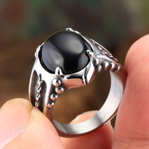 Men's vintage punk ring with oval black agate stone and silver steel embossed texture