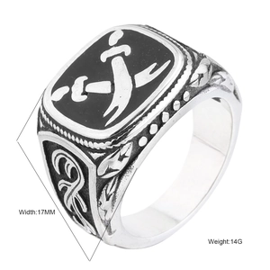Retro mens stainless steel signet ring with black enamel and white crossed scimitars