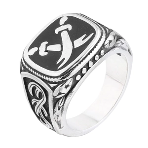 Retro men's signet ring with black enamel zulfikar sword design and ornate floral carving