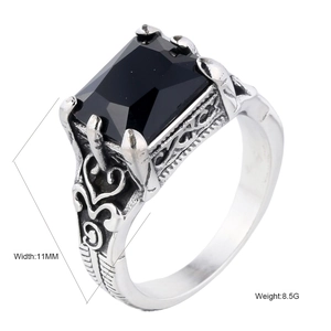 Retro punk gothic stainless steel ring with rectangle red gemstone and engraved patterns