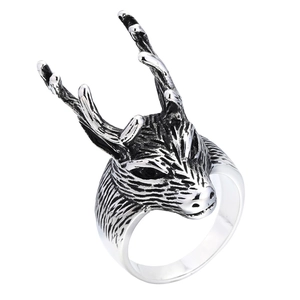 Vintage gothic deer head stainless steel ring with rustic silver finish and detailed antlers