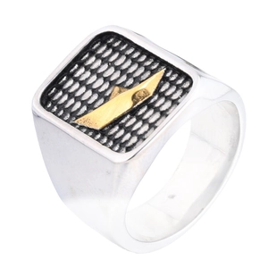 Men's titanium steel signet ring with golden boat on black honeycomb background