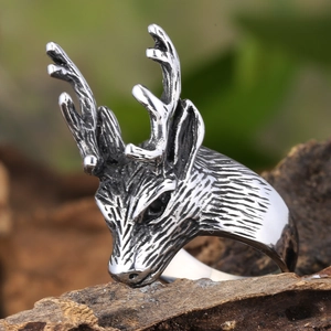 Vintage Stainless Steel Deer Head Ring Gothic Punk Rock Stag Antlers Animal Jewelry For Men Unisex Retro Band Ring