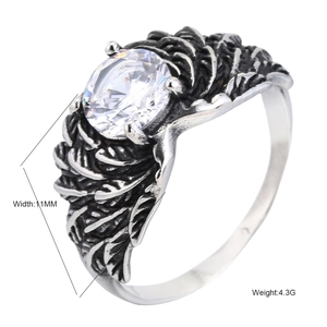 Vintage wing ring with oval clear zircon in antique silver finish, width 11mm, 4.3g