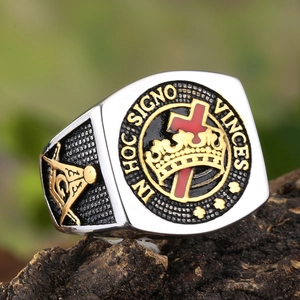 Chevalière Maçonnique Vintage en Acier Inoxydable pour Hommes Avec Motif Croix Et Couronne Inscription Latine In Hoc Signo Vinces