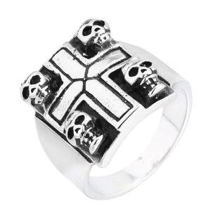 Punk style stainless steel square ring with embossed cross and skull details in silver