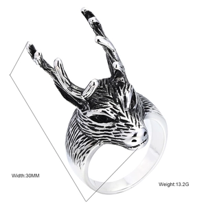 Vintage stainless steel punk ram head ring for men featuring realistic textured antlers
