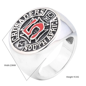 Vintage stainless steel shield ring with red S logo for men, 23mm wide band