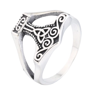 Vintage Thor's Hammer Mjolnir ring in silver stainless steel with Celtic knot engravings