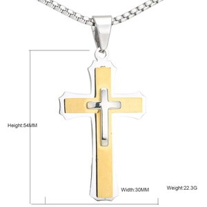 Drielaagse kruisketting voor heren in zilver- en goudkleur, hanger van 54x30mm