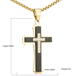 Three-layer stainless steel cross pendant with black enamel and zircons on box chain