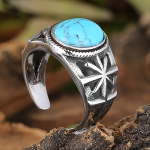 Vintage Stainless Steel Turquoise Ring For Men Women Hollow Out Star Pattern Bohemian Style Retro Fashion Finger Jewelry