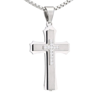 Three-layer stainless steel cross pendant with cubic zirconia on silver box chain