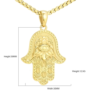 Golden Hamsa Hand pendant necklace with Evil Eye, 39mm height by 30mm width dimension