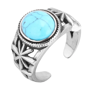 Vintage hollow titanium steel ring with turquoise stone and star carvings on silver band